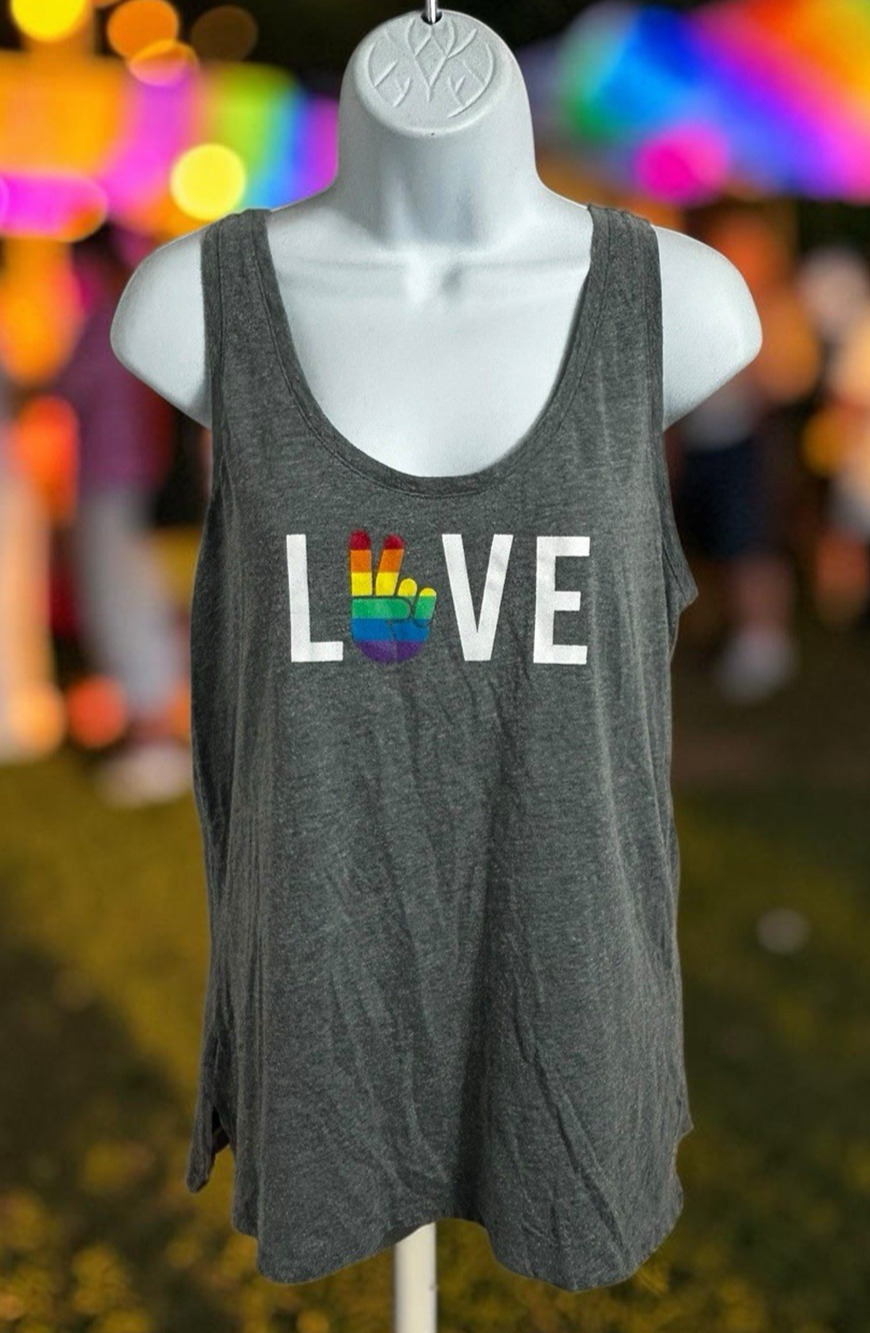 Old Navy Pride Love Gray Tank Top Sz M Soft Washed Peace Sign Equality Tee